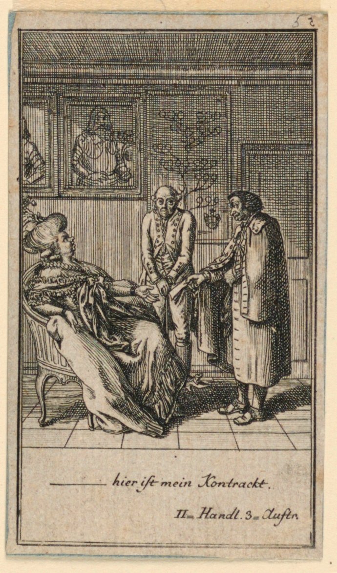The Elderly Woman Hires a Man, Illustration av pjäsen "Not more than sachs Schuesseln" av Fredrich Wilhelm Grossman i "Königl: Grosbrit [anian] genealogical calendar for the 1782 year Lauenberg by J.G. Berenberg" av Daniel Nikolaus Chodowiecki