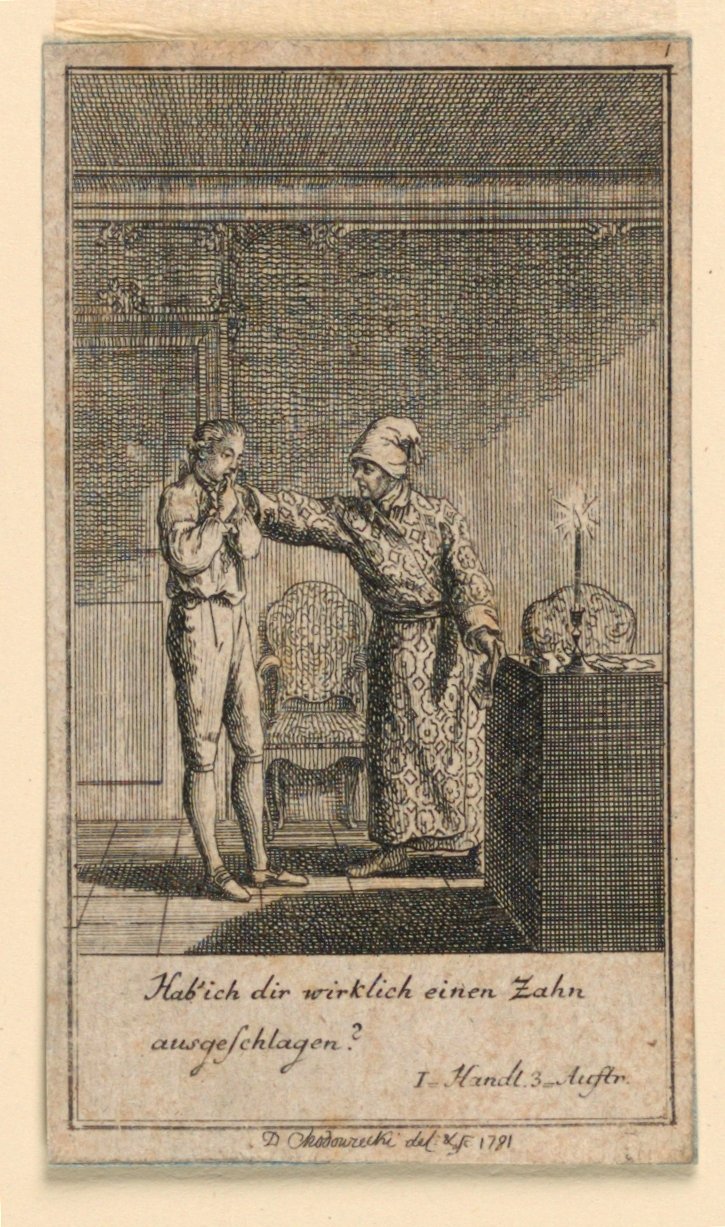 The Slap in the Face, Illustration av pjäsen "Not more than sachs Schuesseln" av Fredrich Wilhelm Grossman i "Königl: Grosbrit [anian] genealogical calendar for the 1782 year Lauenberg by J.G. Berenberg" av Daniel Nikolaus Chodowiecki