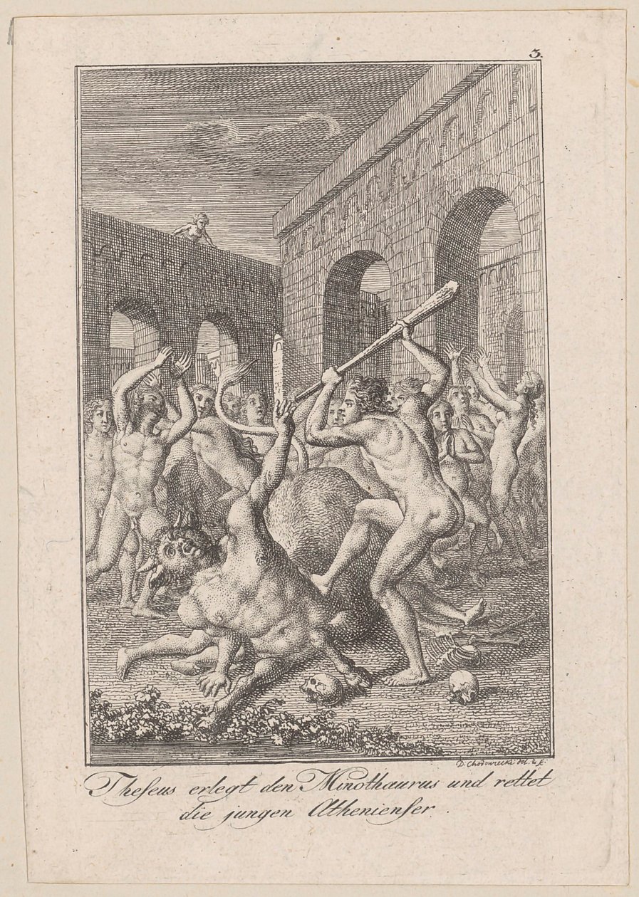 Theseus dödar Minotauros och räddar de unga atenarna, blad 3 till Beckers "Theseus" av Daniel Nikolaus Chodowiecki