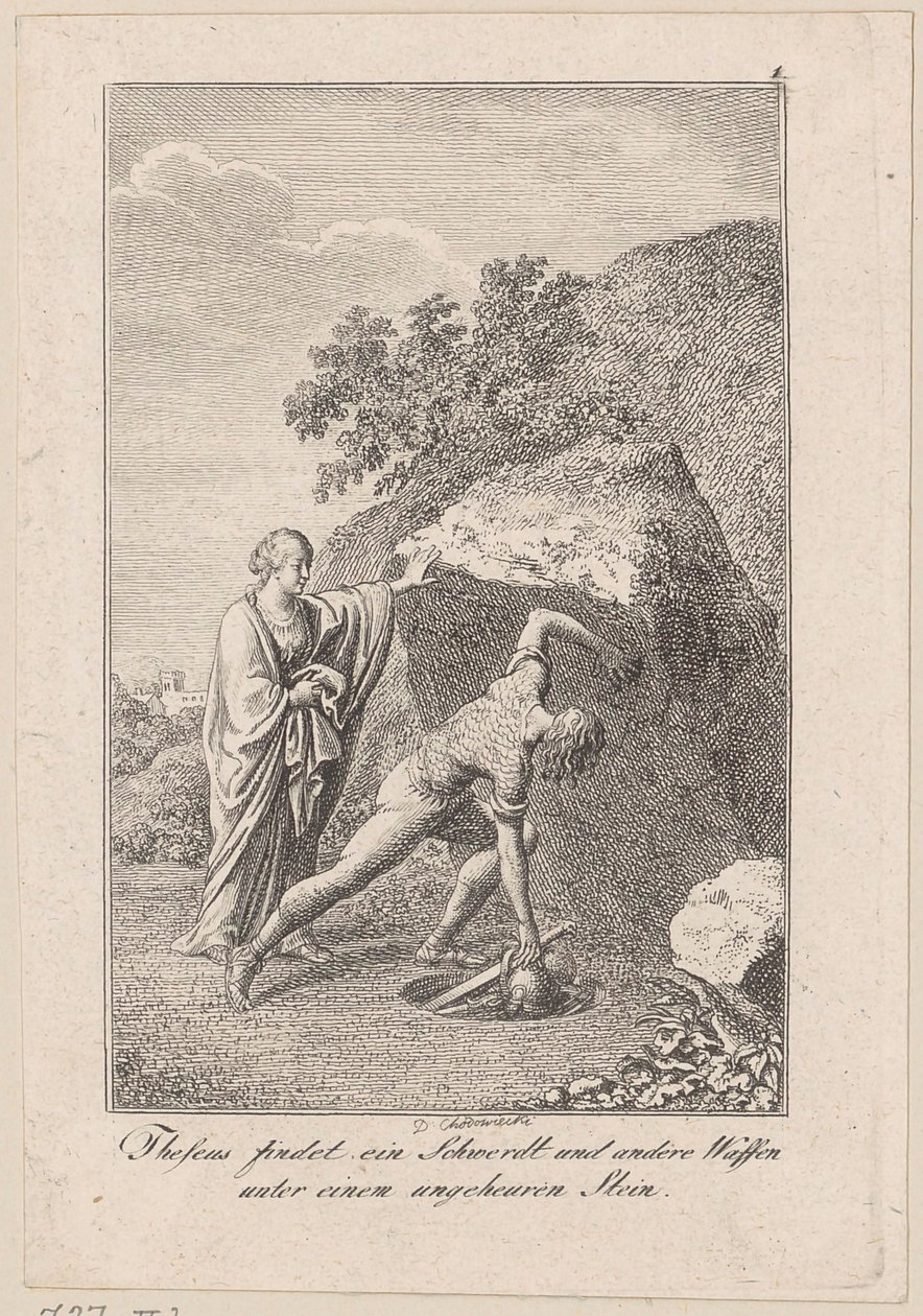 Theseus finner ett svärd och andra vapen under en sten, blad 1 till Beckers "Theseus" av Daniel Nikolaus Chodowiecki