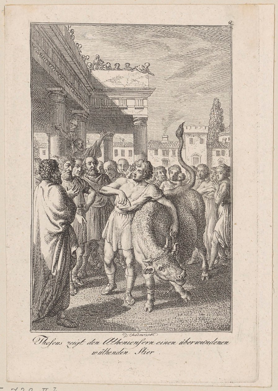 Theseus visar atenarna en besegrad rasande tjur, blad 2 till Beckers ”Theseus” av Daniel Nikolaus Chodowiecki