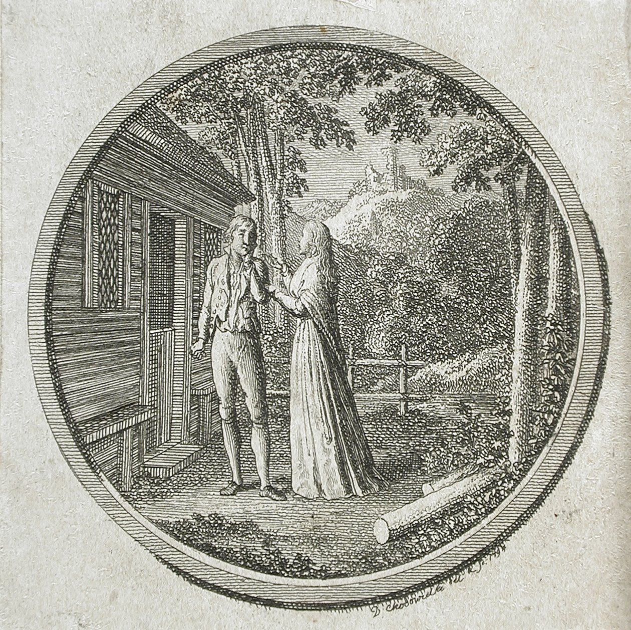 Titelsida och vignett till La Fontaines ”Klara Du Plessis” av Daniel Nikolaus Chodowiecki