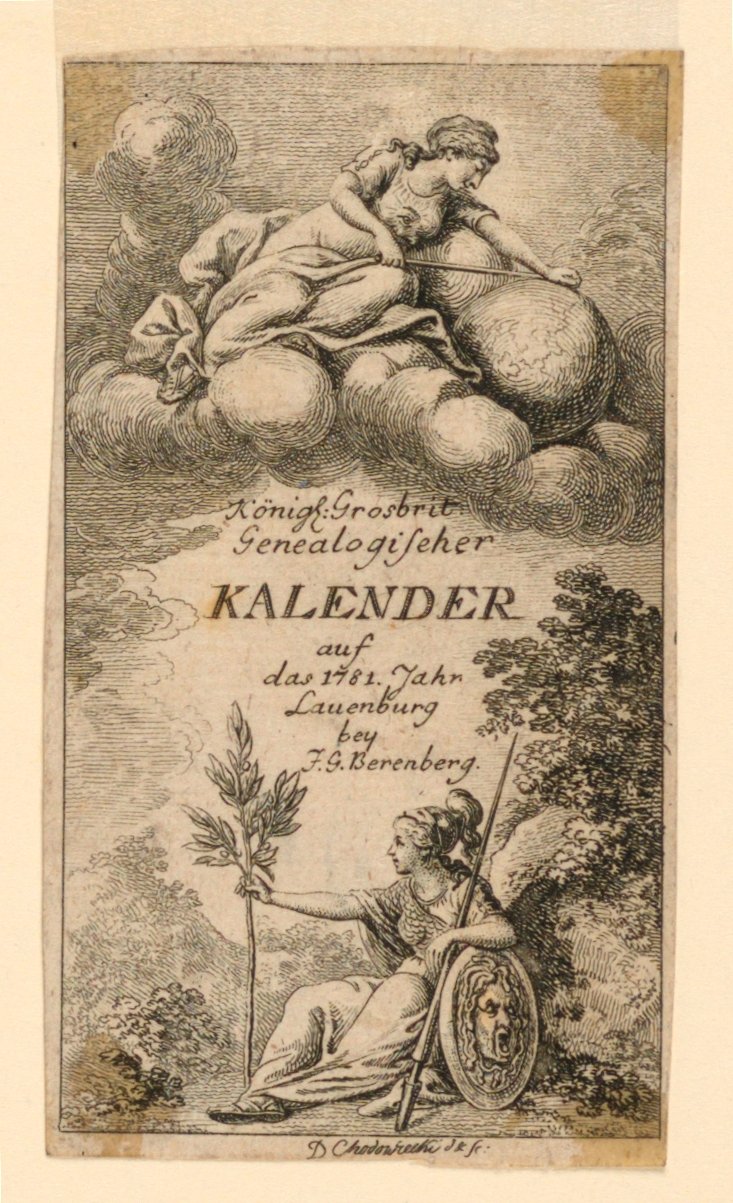 Titelsida för "Königl: Grosbrit [anian] genealogisk kalender för 1781 års Lauenberg av J.G. Berenberg" av Daniel Nikolaus Chodowiecki