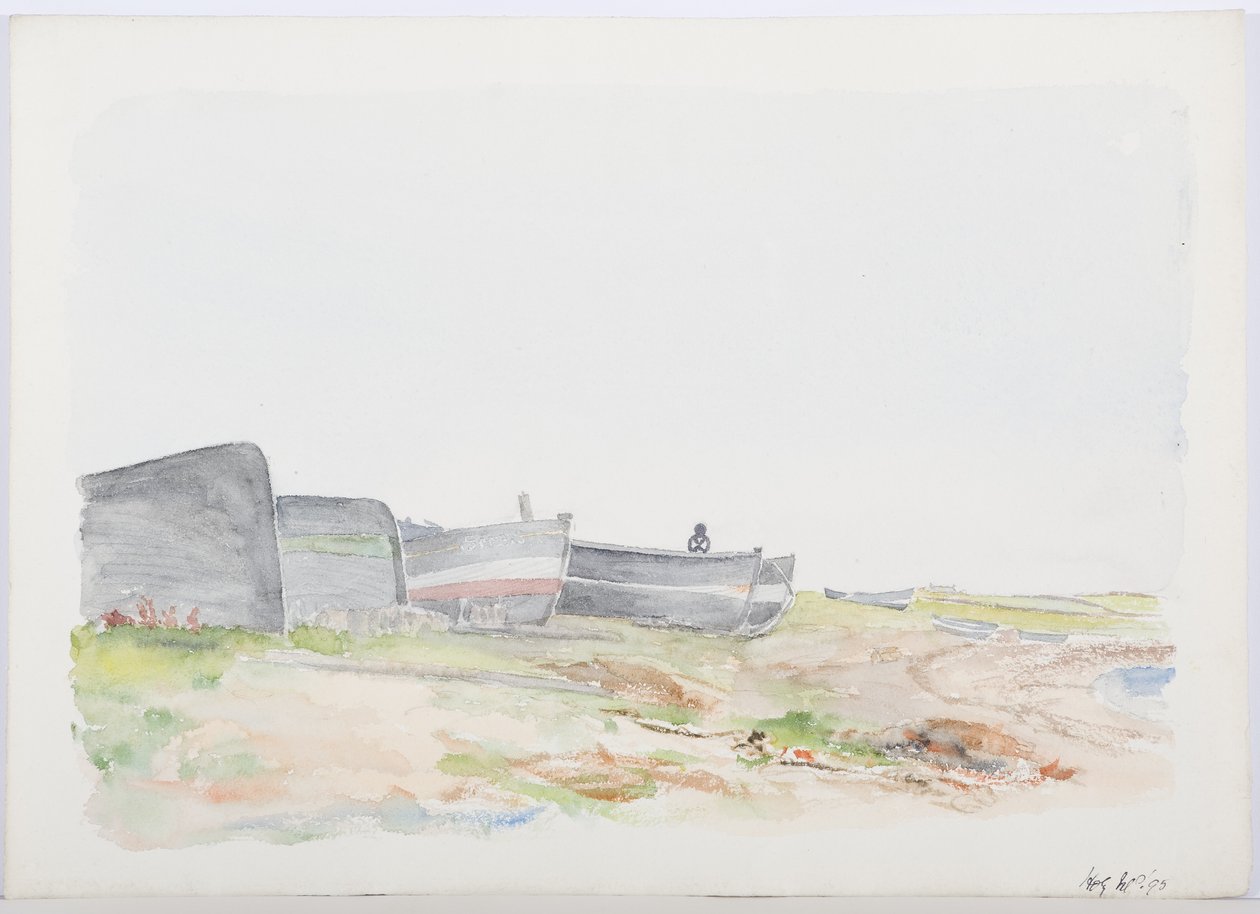 Fishing Cobles, Holy Island, 1895 (penna och wc på papper) av Daniel Oliver
