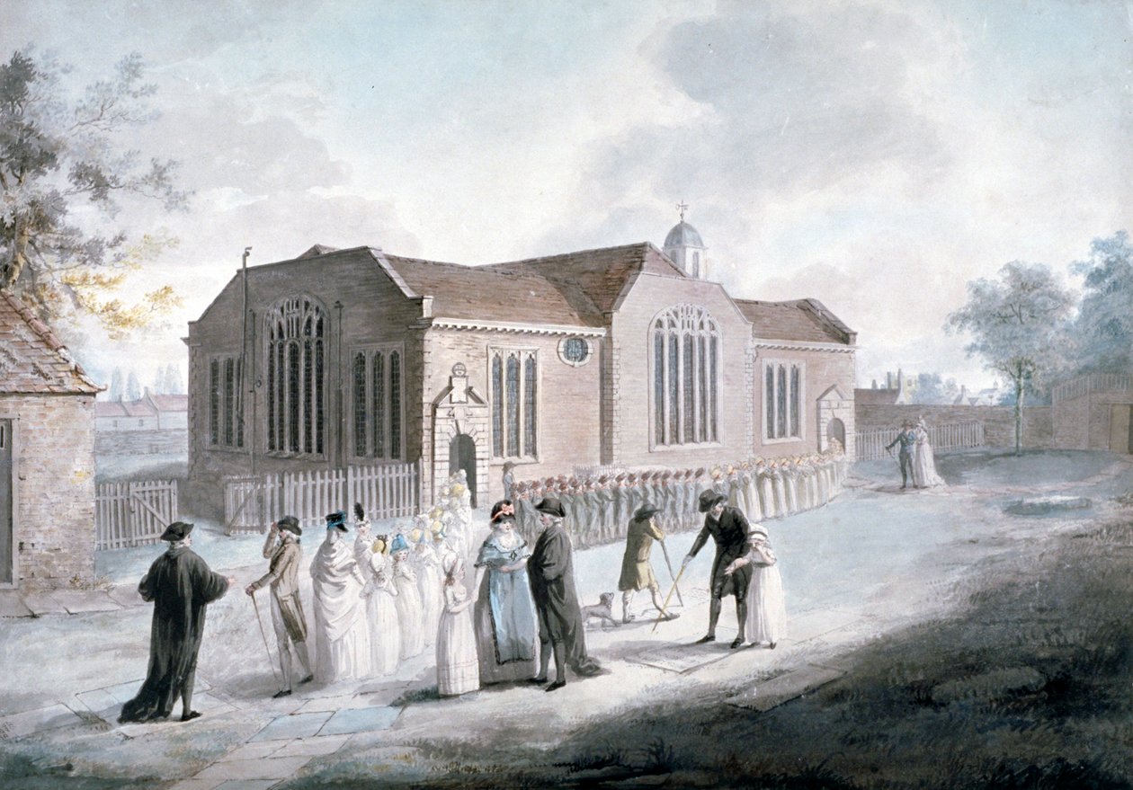 En procession av skolbarn som går in i Broadway Chapel, Westminster, London, 1797 av Daniel Orme
