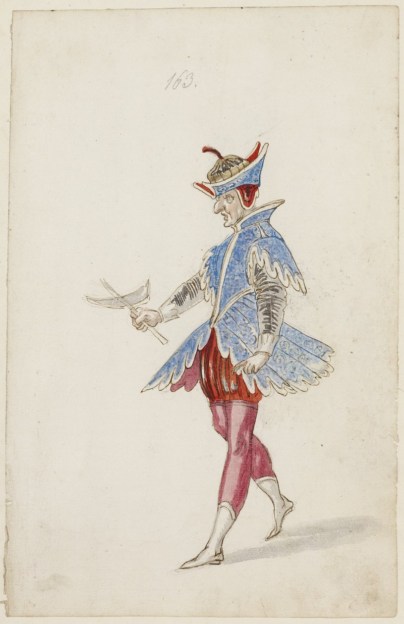 Mansfigur i blå och röd kostym från Ballet des quatre saisons de lAnnee, 1626 (brunt bläck, wc & metallic färg över en underritning av svart krita på lagt papper) av Daniel Rabel