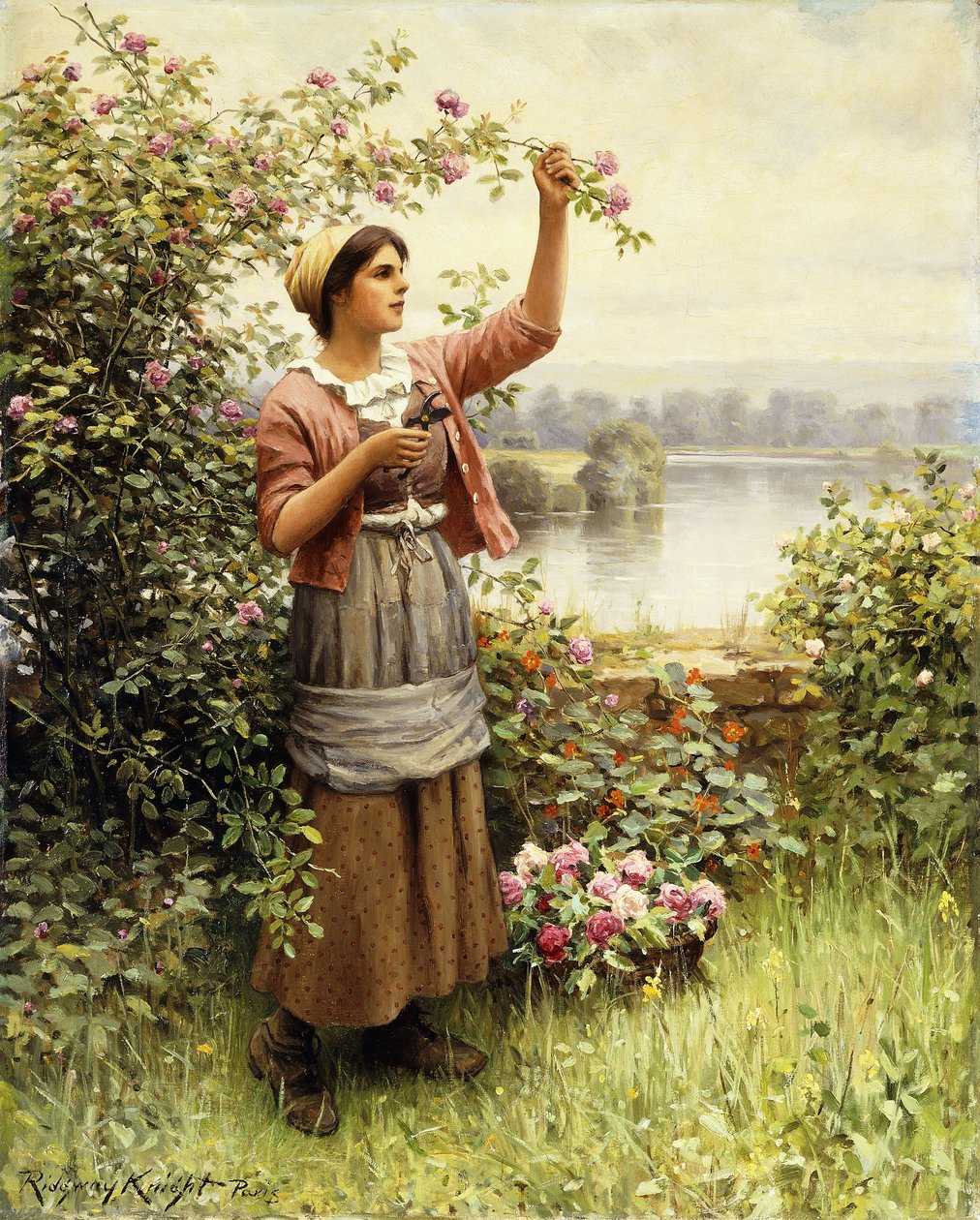 Skär rosor längs Seine, av Daniel Ridgway Knight