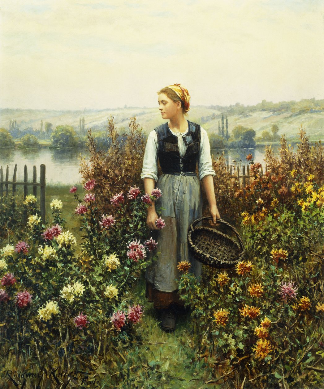 Flicka med en korg i en trädgård, av Daniel Ridgway Knight