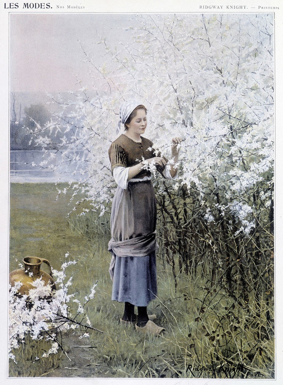 Vår: Kvinna som samlar blommor - sjuk. av R. Knight, c. 1905 av Daniel Ridgway Knight