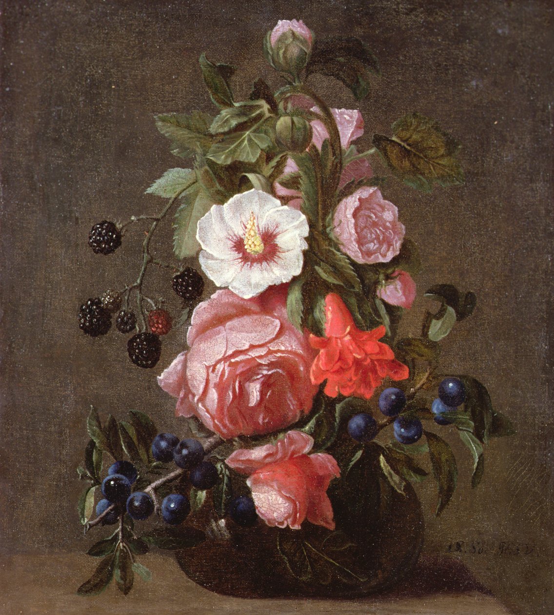 Ett stilleben av blandade blommor och bär i en glasvas av Daniel Seghers