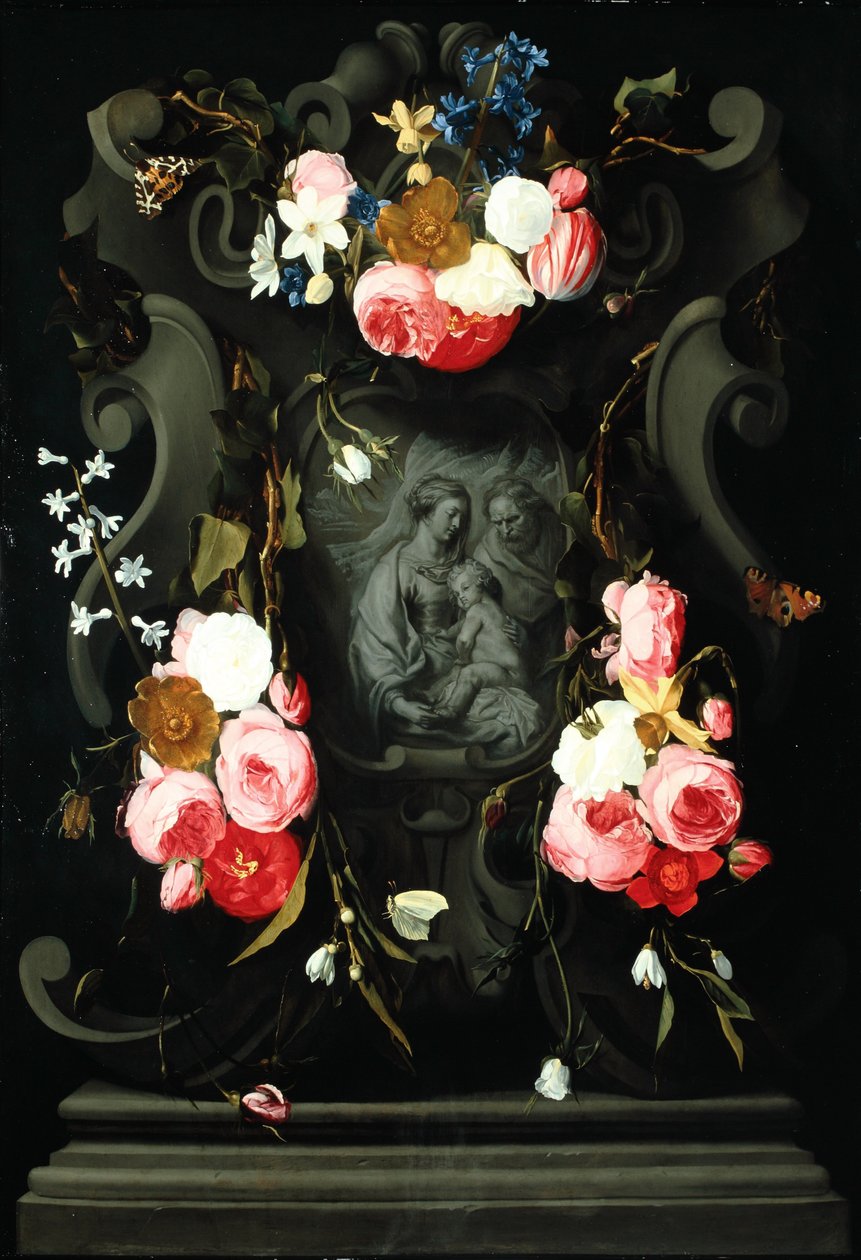 Blomsterkrans med den heliga familjen, 1625-27 (olja på koppar) av Daniel Seghers