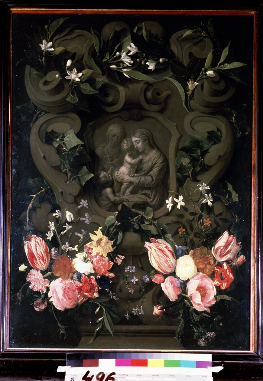 Madonna och barn, Sankta Elisabeth och Johannes Döparen som barn i en blomsterkrans. Målning av Daniel Seghers (1590-1661). Olja på koppar, 84 x 61 cm av Daniel Seghers