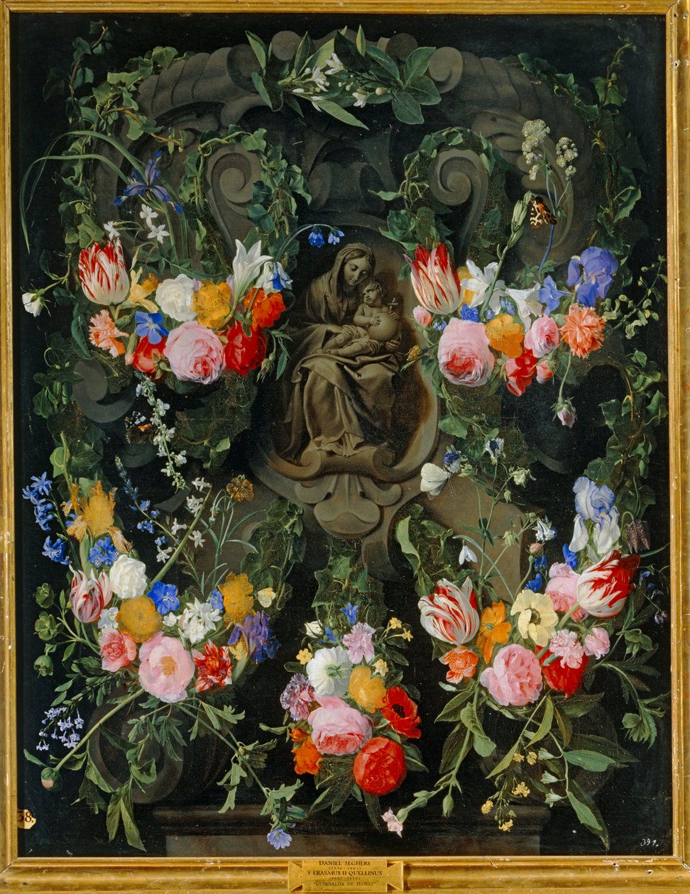 Madonna i en blomsterkrans (olja på duk) av Daniel Seghers