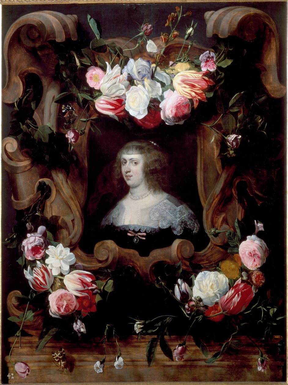 Porträtt av damen i en blomsterkrans (olja på duk av Daniel Seghers