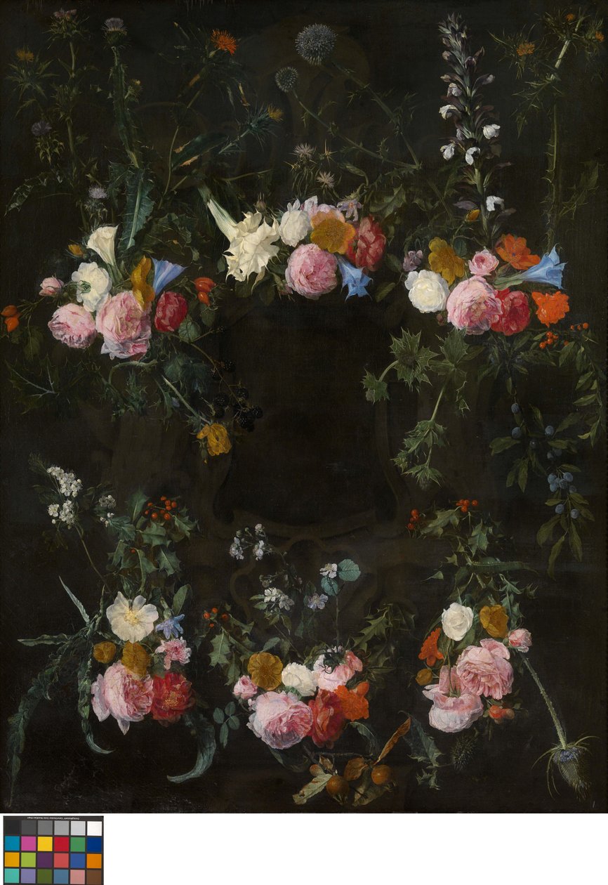 Skulpterad kartusch utsmyckad med blomkransar av Daniel Seghers