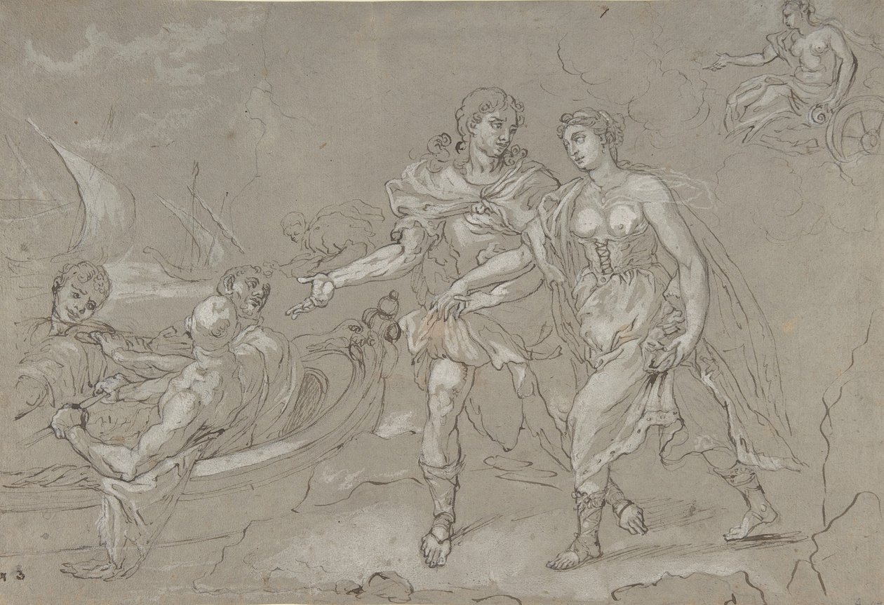 The Rape of Helena, tergo: Studie av en knästående naken mansfigur, sent 1600-1700-tal. av Daniel Seiter