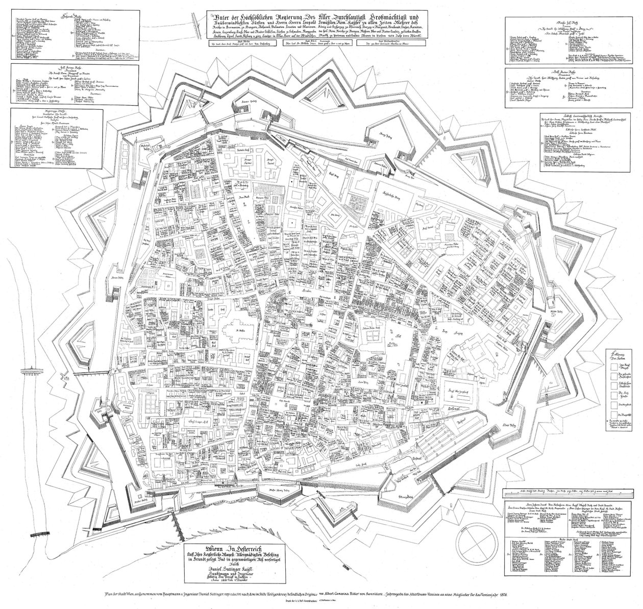 Planritning av staden Wien från 1683, vänd mot sydväst, daterad 11 december 1684 av Daniel Suttinger