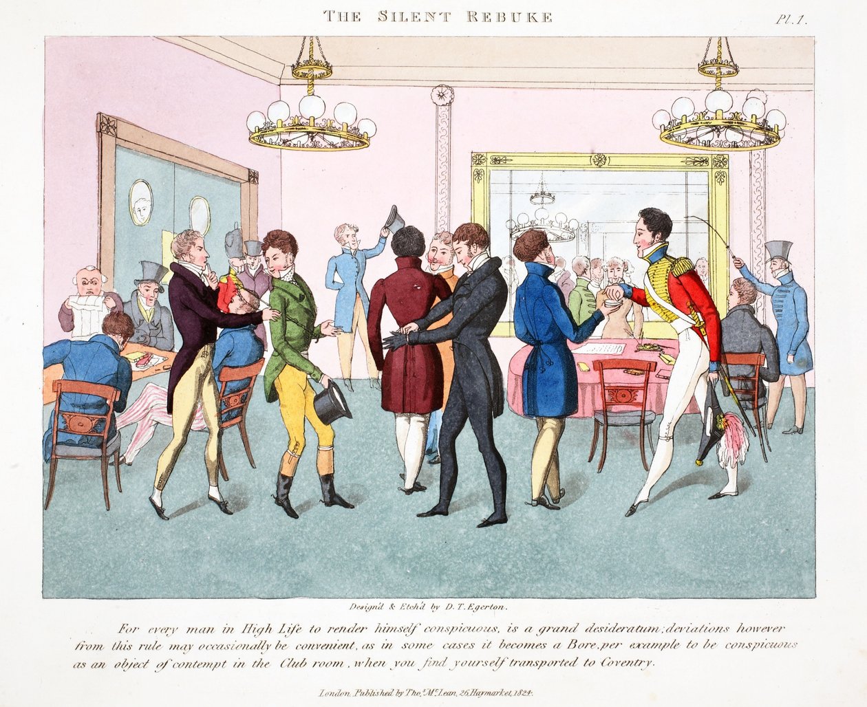 Den tysta tillrättavisningen, illustration från "Fashionable Bores eller Coolers in High Life" av Peter Quiz, pub. Thomas McLean, London 1824 (handfärgad gravyr) av Daniel Thomas Egerton