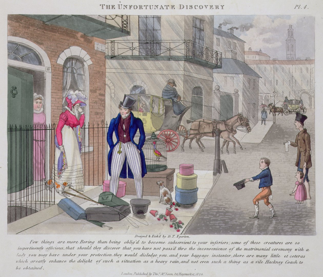 The Unfortunate Discovery, från "Fashionable Bores, or Coolers in High Life, av Peter Quiz", publicerad 1824 (handfärgad akvatint) av Daniel Thomas Egerton