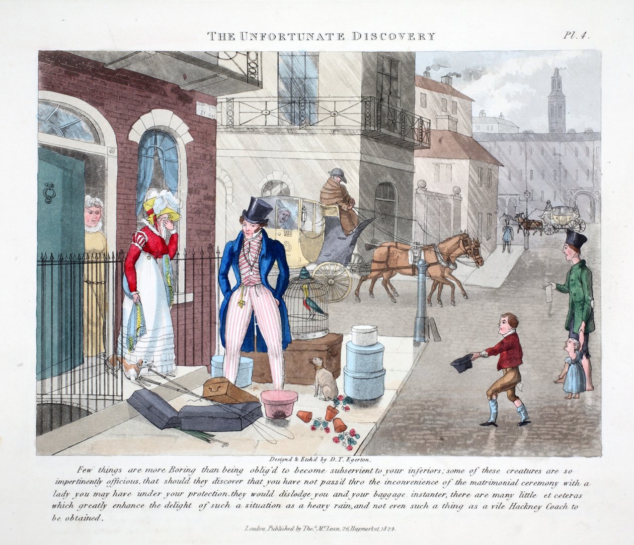 Den olyckliga upptäckten, illustration från "Fashionable Bores eller Coolers in High Life" av Peter Quiz, pub. Thomas McLean, London 1824 (handfärgad gravyr) av Daniel Thomas Egerton