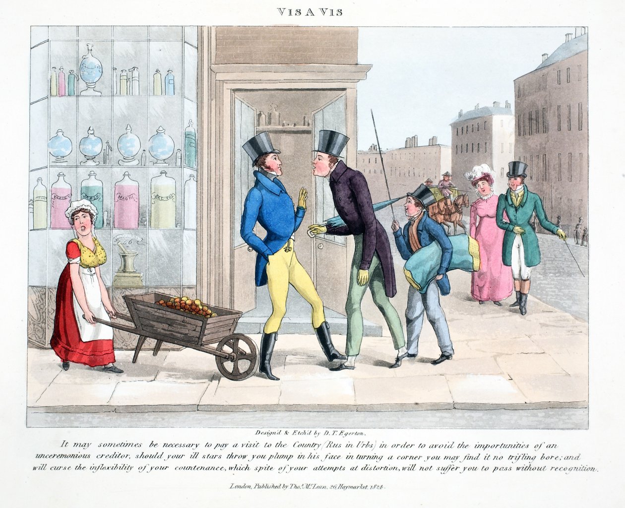Vis A Vis, illustration från "fashionabla borrar eller kylare i High Life" av Peter Quiz, pub. Thomas McLean, London 1824 (handfärgad gravyr) av Daniel Thomas Egerton