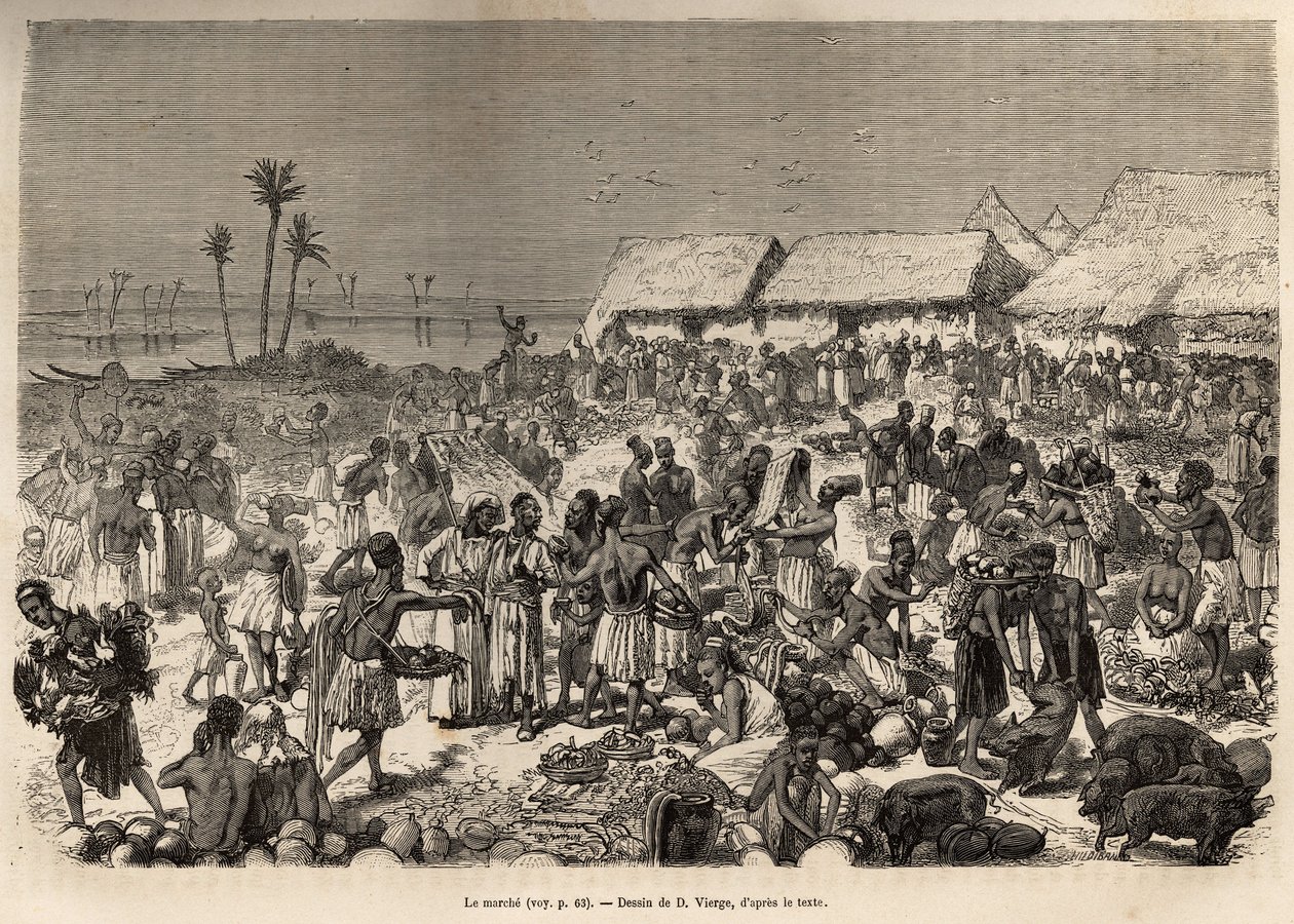 En mycket animerad marsch nära Kongofloden, som samlade mer än tre tusen människor, etsad efter en teckning av D.Vierge, som illustrerar David Livingstones sista dagbok (1813-1873), 1866-1873, publicerad i "Le tour du monde" 1875, redigerad av Edouar av Daniel Urrabieta Vierge