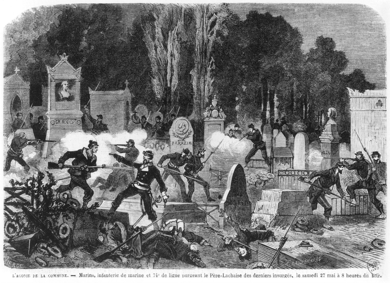 Kommunens vånda, sista slagsmål på kyrkogården i Pere Lachaise, graverad av Louis Joseph Amedee Daudenarde (d.1907) illustration från 