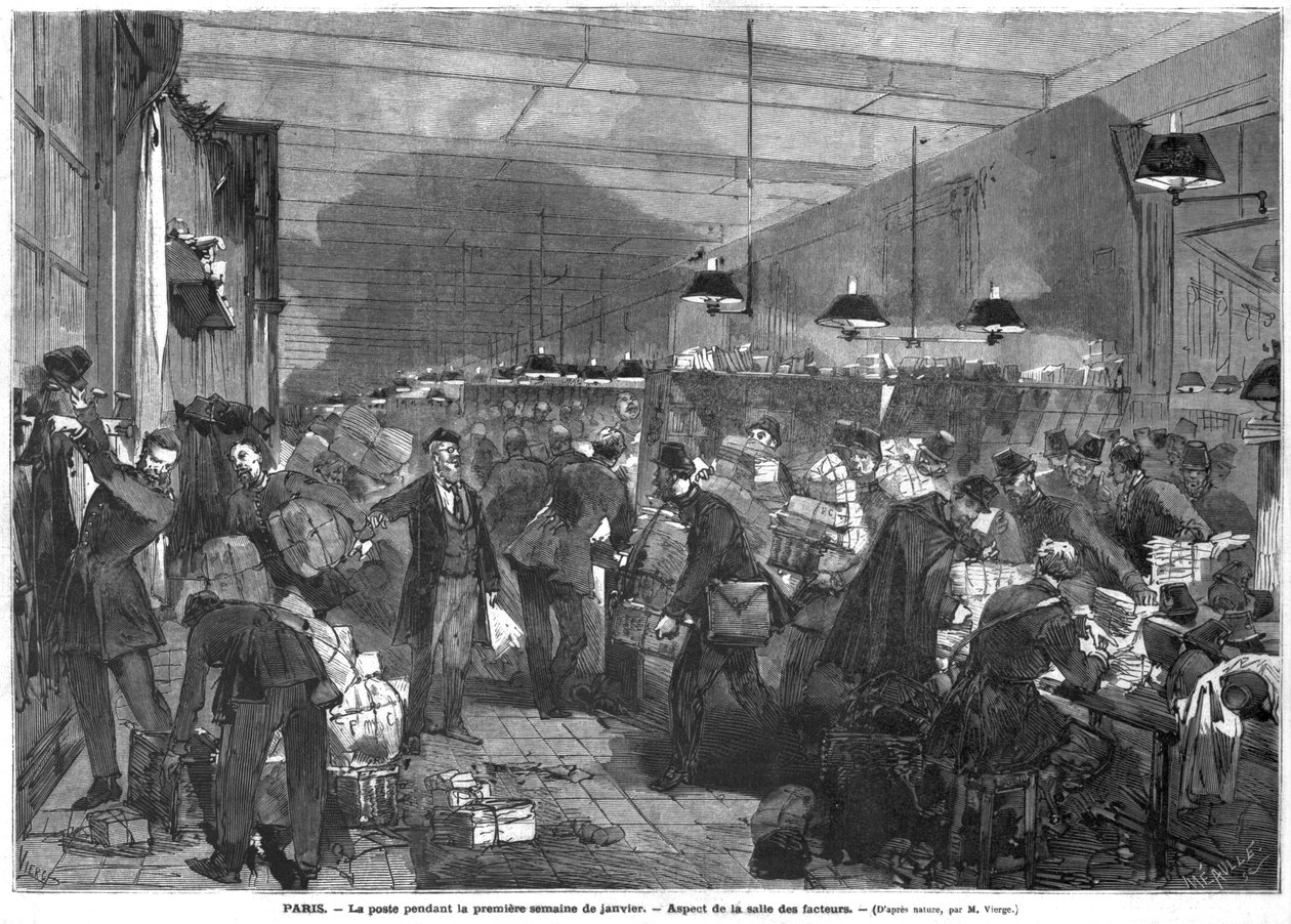 Interiör av Paris postkontor under den första veckan i januari, brevbärarrummet, graverat av Fortune Louis Meaulle (1844-1901) av Daniel Urrabieta Vierge