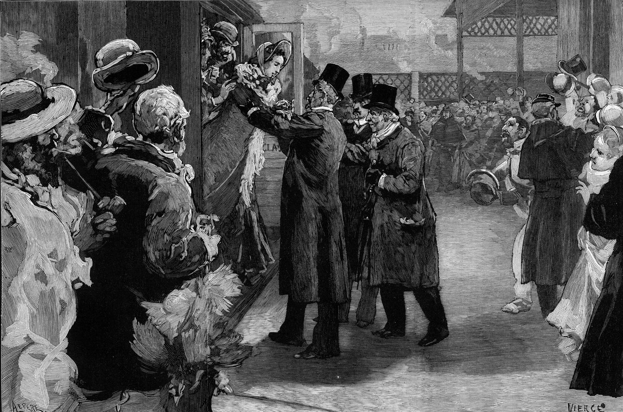 Louise Michel återvände till Frankrike (1830-1905) efter sin deportation för sitt deltagande i Pariskommunen. Den välkomnades på Saint Lazare station (Saint-Lazare) av Henri Rochefort (1831-1913), Louis Blanc (181-1882) och George Clemenceau (1841-1929). av Daniel Urrabieta Vierge