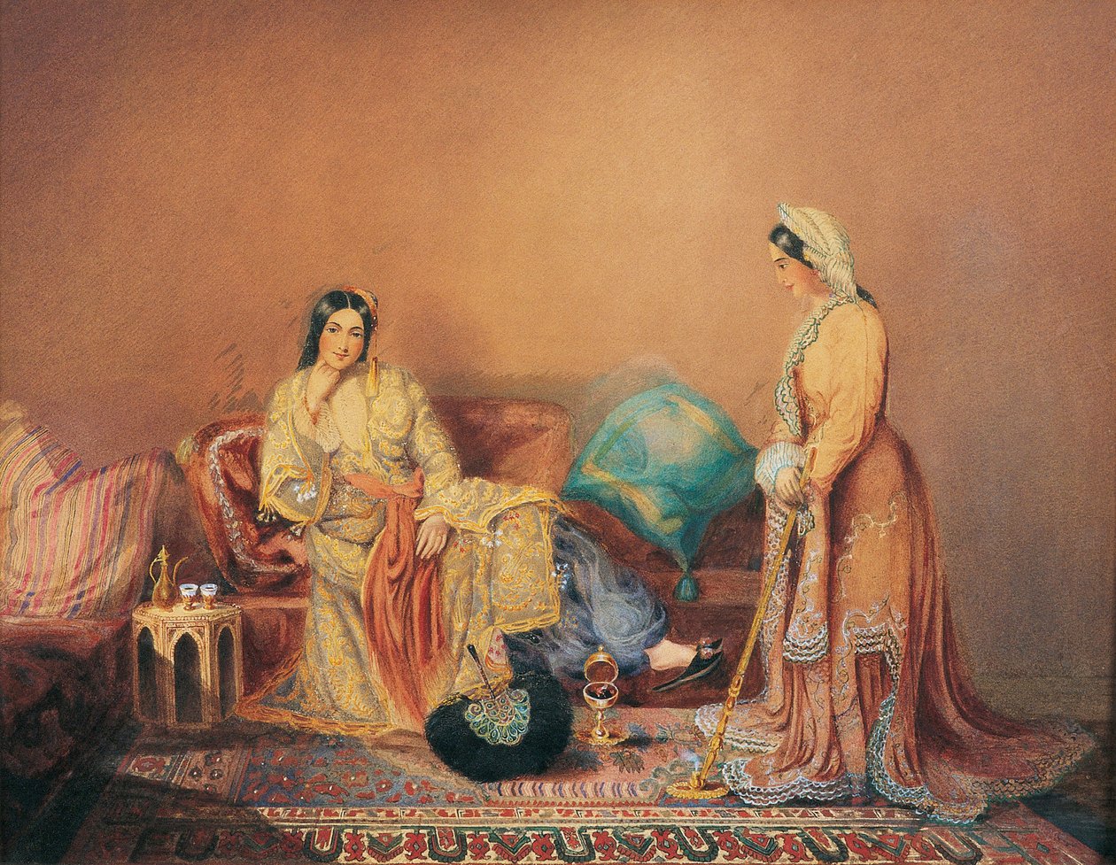 Dames Phanariotes (befolkning av rika köpmän av grekiskt ursprung, bosatta i Phanar-distriktet i Konstantinopel) (Phanariot Greek Ladies) - Målning av Daniel Valentine Riviere (1780-1854), blandad media på träpanel, mitten av 1800-talet, 38x av Daniel Valentine Rivière