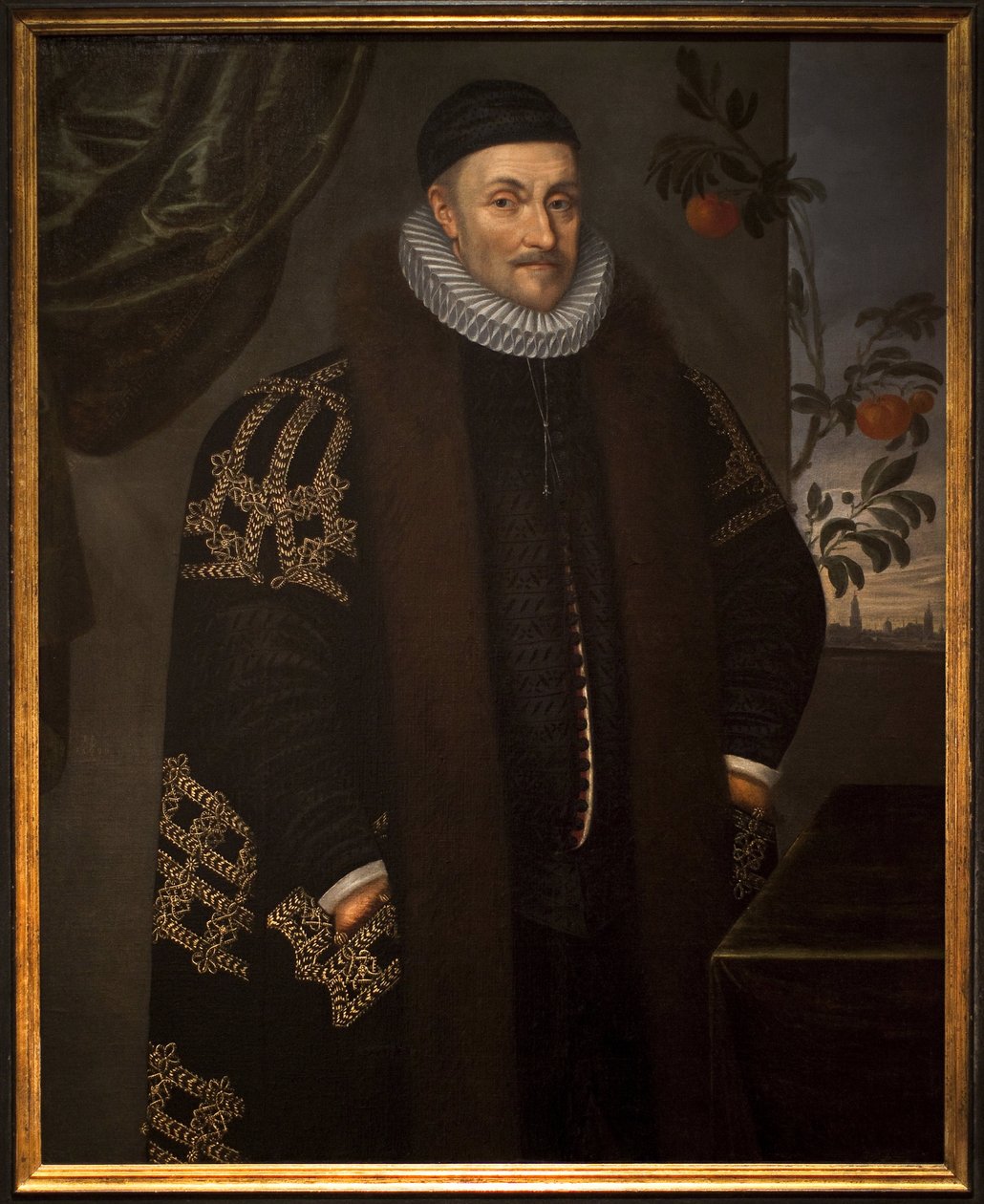 William (Willem eller William) av Orange (1533-1584). Guillaume de Nassau, Prins av Orange, känd som Guillaume den tystlåtne, grundare av Orange Nassau, beskriven framför staden Delft (Nederländerna). På 1600-talet, ett apelsinträd, symbol för famil av Daniël van den Queborn