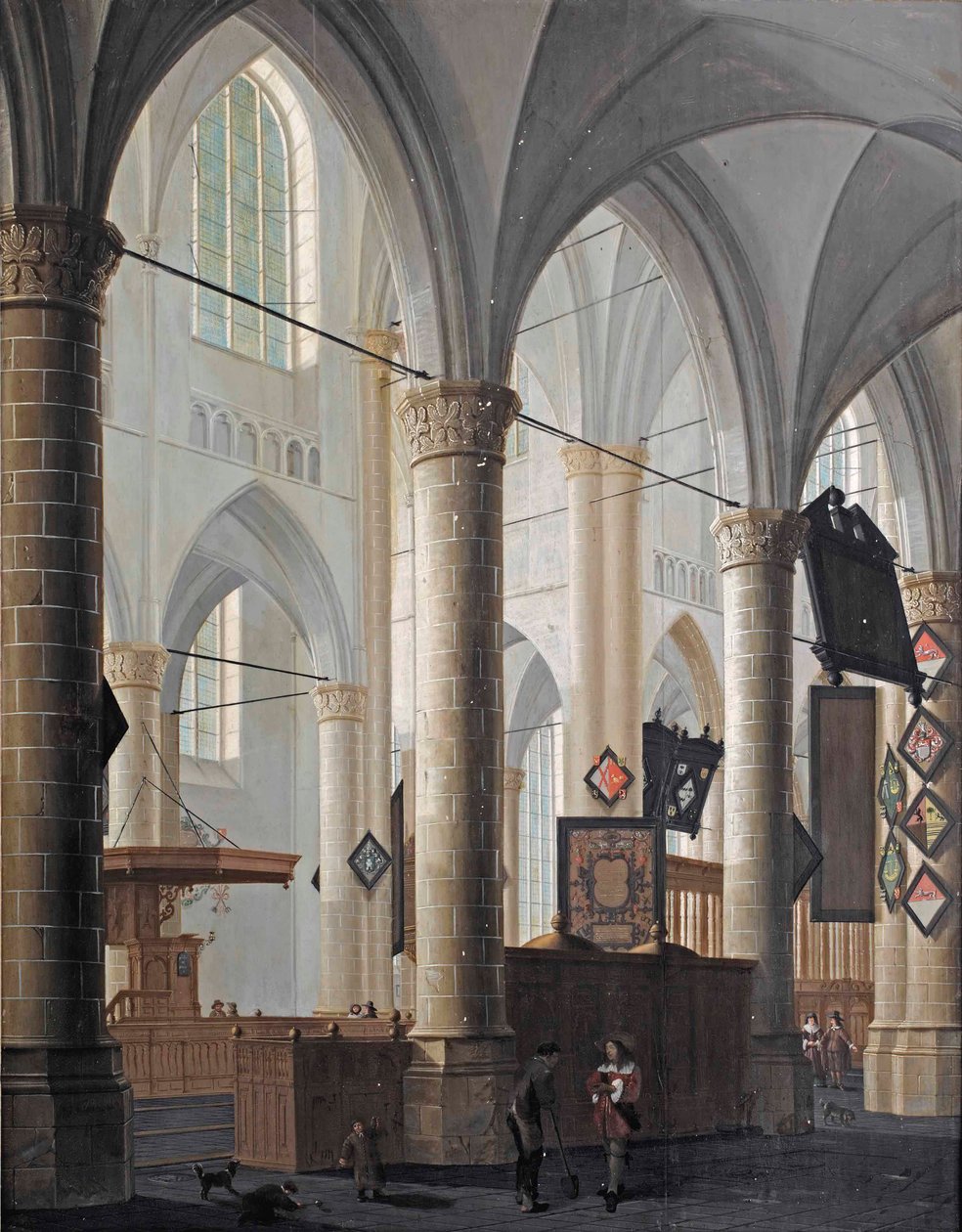 Interiören av Grote Kerk i Dordrecht, med figurer som samtalar och barn som leker av Daniel de Blieck