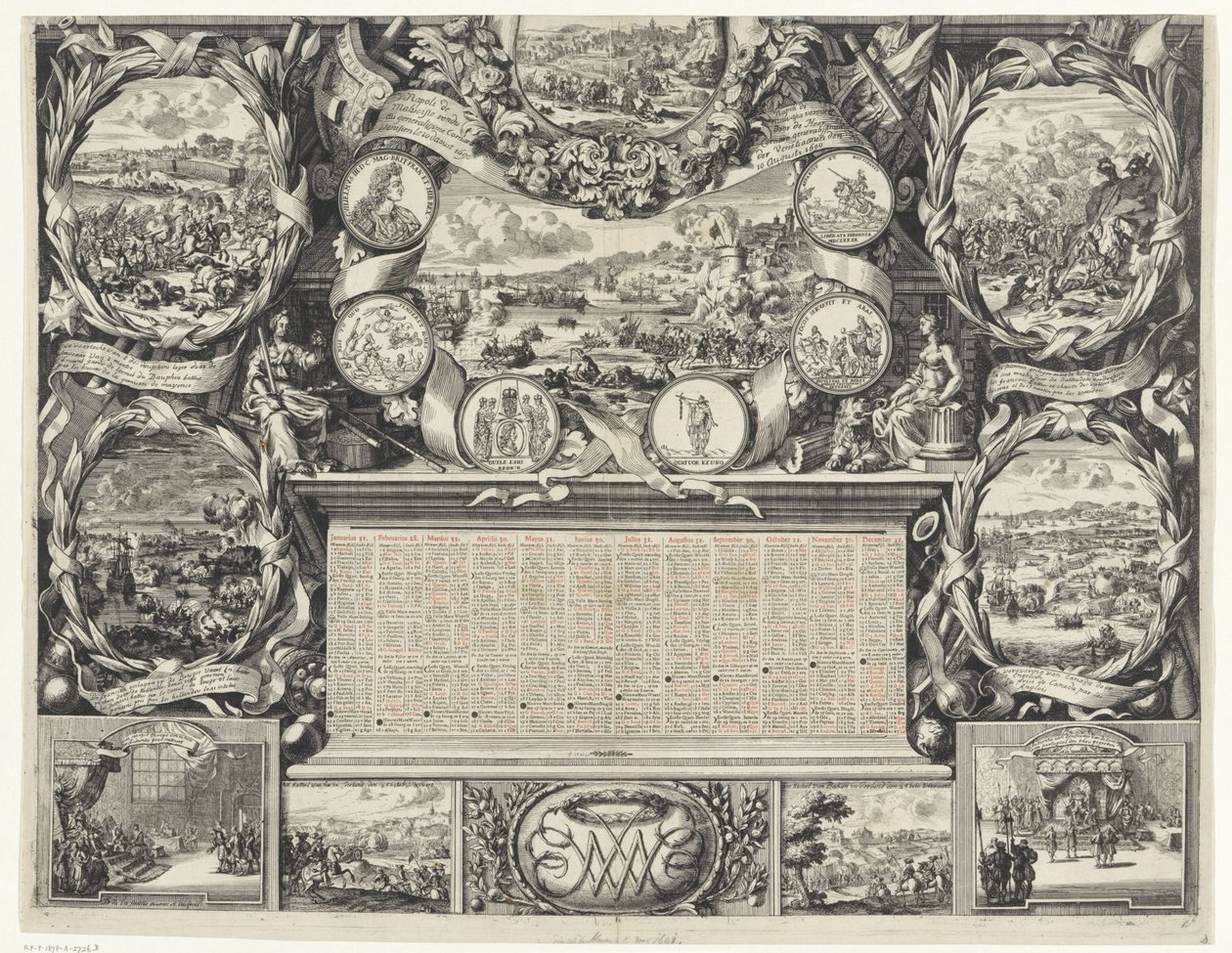 Kung William III:s segrar i Irland (nedre halvan), 1690 Den härliga kampanjen av William III, kung av Storbritannien och enligt några mest minnesvärda handlingar av de allierade och konfedererade under år 1690. av Daniel de Lafeuille