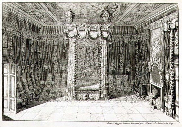 Design för en sängkammare med en himmelssäng, från "New Book of Apartments" av Daniel the Elder Marot
