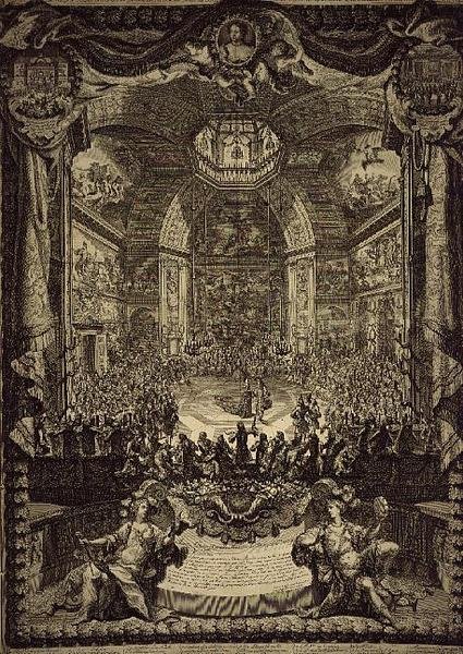 Den stora högtiden för H.R.H. prinsessan av Orange, firas i december 1686 i Salon du Bois i Haag, för att hedra prinsen av Oranges födelsedag (gravyr) av Daniel the Elder Marot