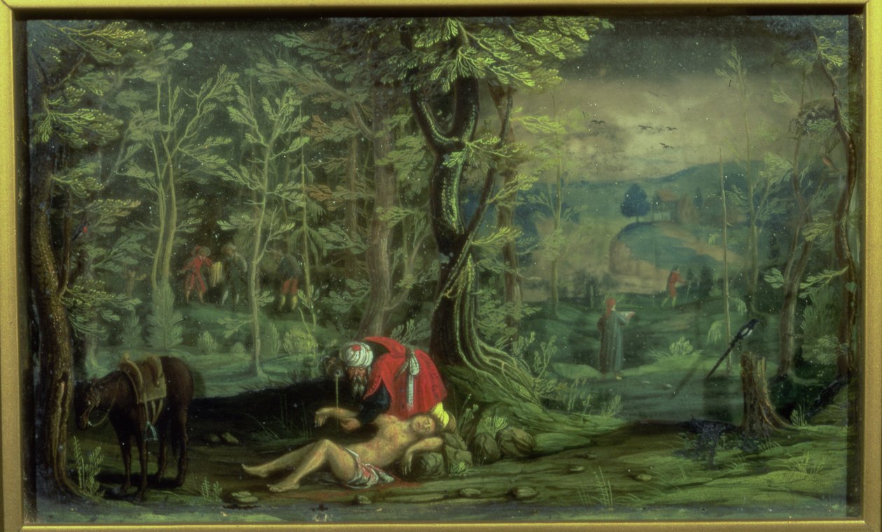 Den barmhärtige samariten (olja på glas och glimmer) av Daniel the Younger Bretschneider