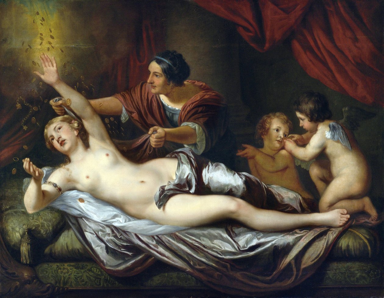Danae par Mytens (Mijtens), Daniel, den yngre (1644-1688). Olja på duk, storlek: 143x183,5, 1600-talets andra hälft, Privat samling av Daniel the Younger Mytens or Mijtens