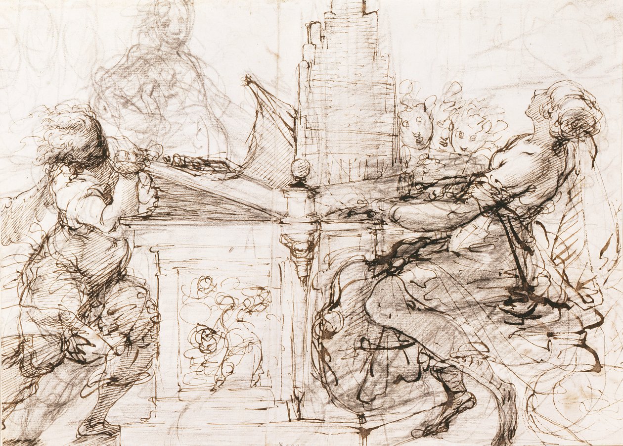 Den heliga Cecilia av Rom spelar orgel (Saint Cecilia vid orgeln) - Verk av Daniele Crespi (1598-1630), krita och akvarell på papper av Daniele Crespi