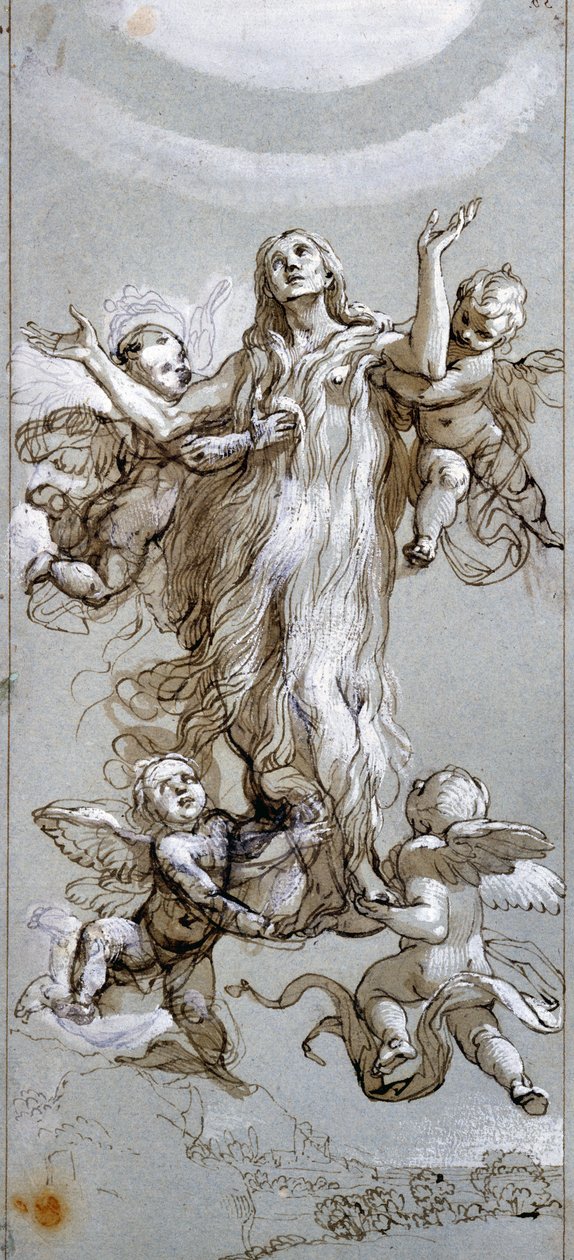 Maria Magdalenas antagande guidad av änglar Ritning av Daniele Crespi (1598-1630) 1600-talet Madrid, Pradomuseet av Daniele Crespi