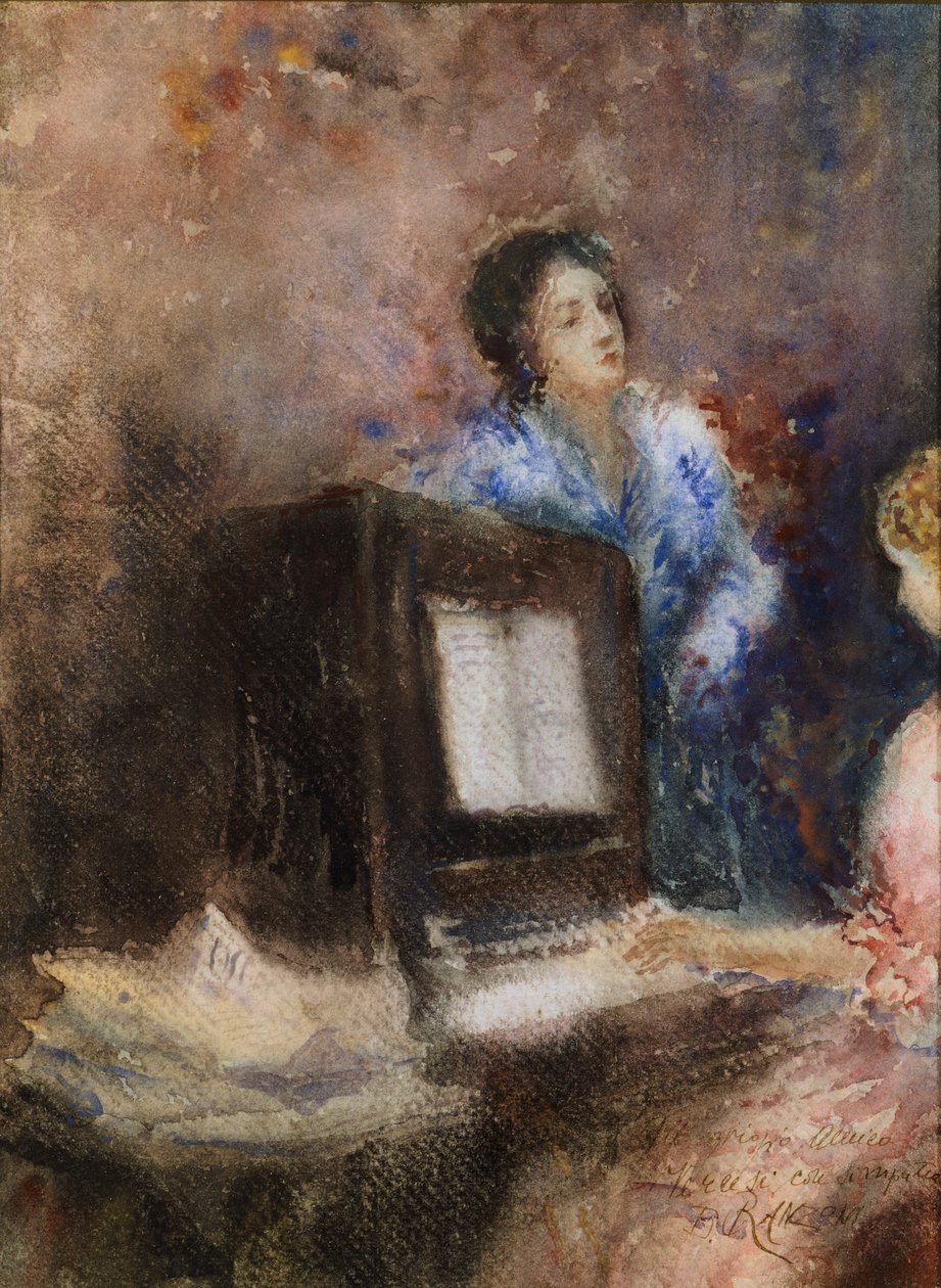 At the Piano, av Daniele Ranzoni, akvarell på papper av Danielle Ranzoni