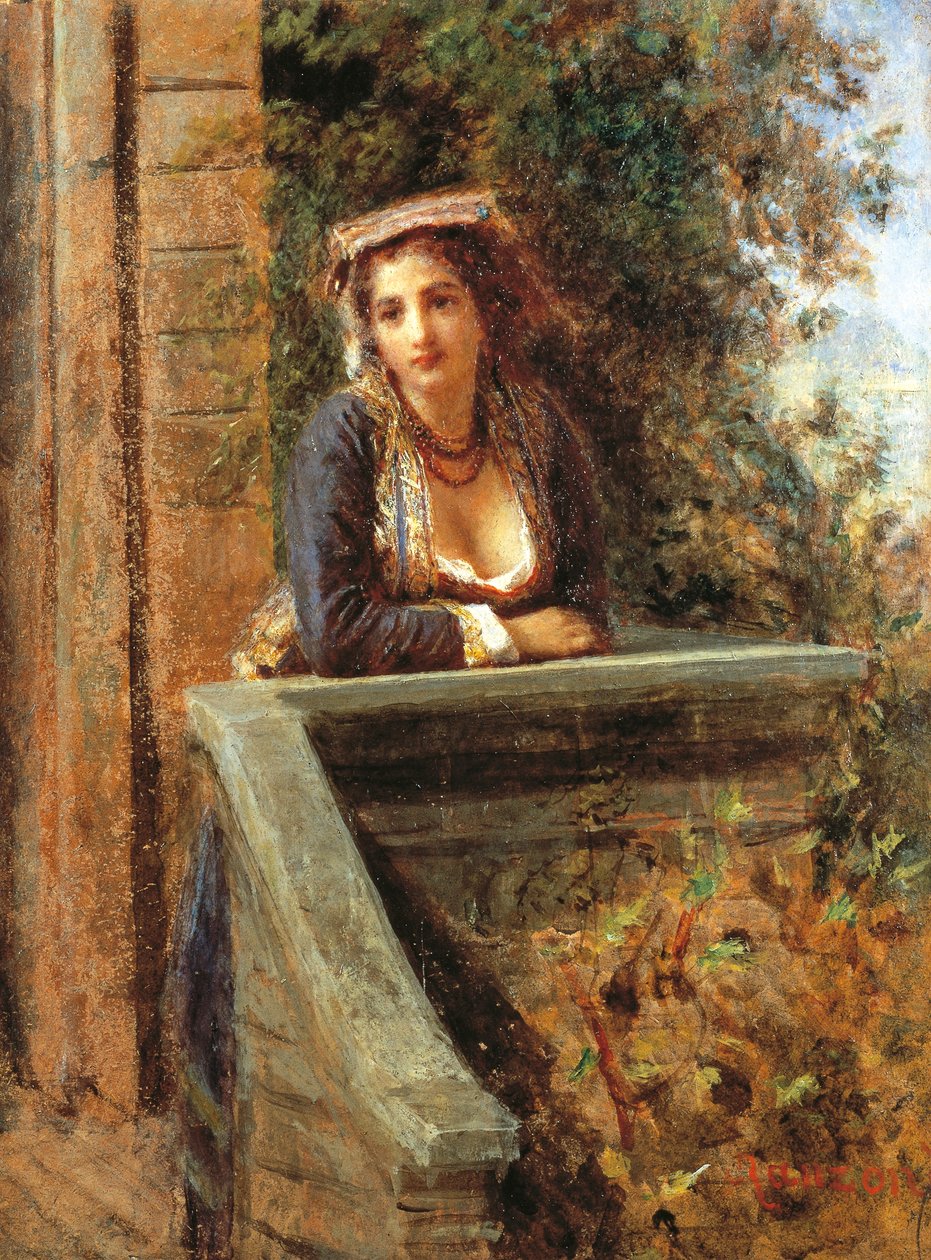 Ung flicka vid fönstret eller ung kvinna på balkongen, av Daniele Ranzoni (1843-1889), olja på papper monterad på trä, 44x33 cm av Danielle Ranzoni