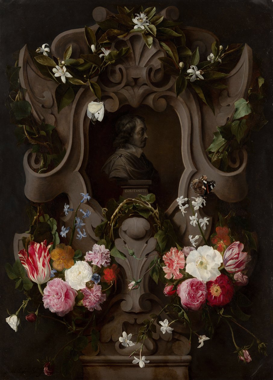 Blommakartouche runt en byst av Daniel Seghers