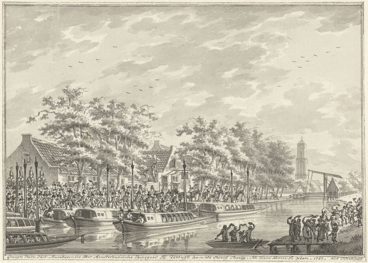 Amsterdammerarnas ankomst till Utrecht, 1787 Vy över ankomsten av Amsterdam-medborgarna vid Utregt på De Rooy Brug. Efter Den Dom att se. 1787. (titel på objekt) av Daniël Kerkhoff