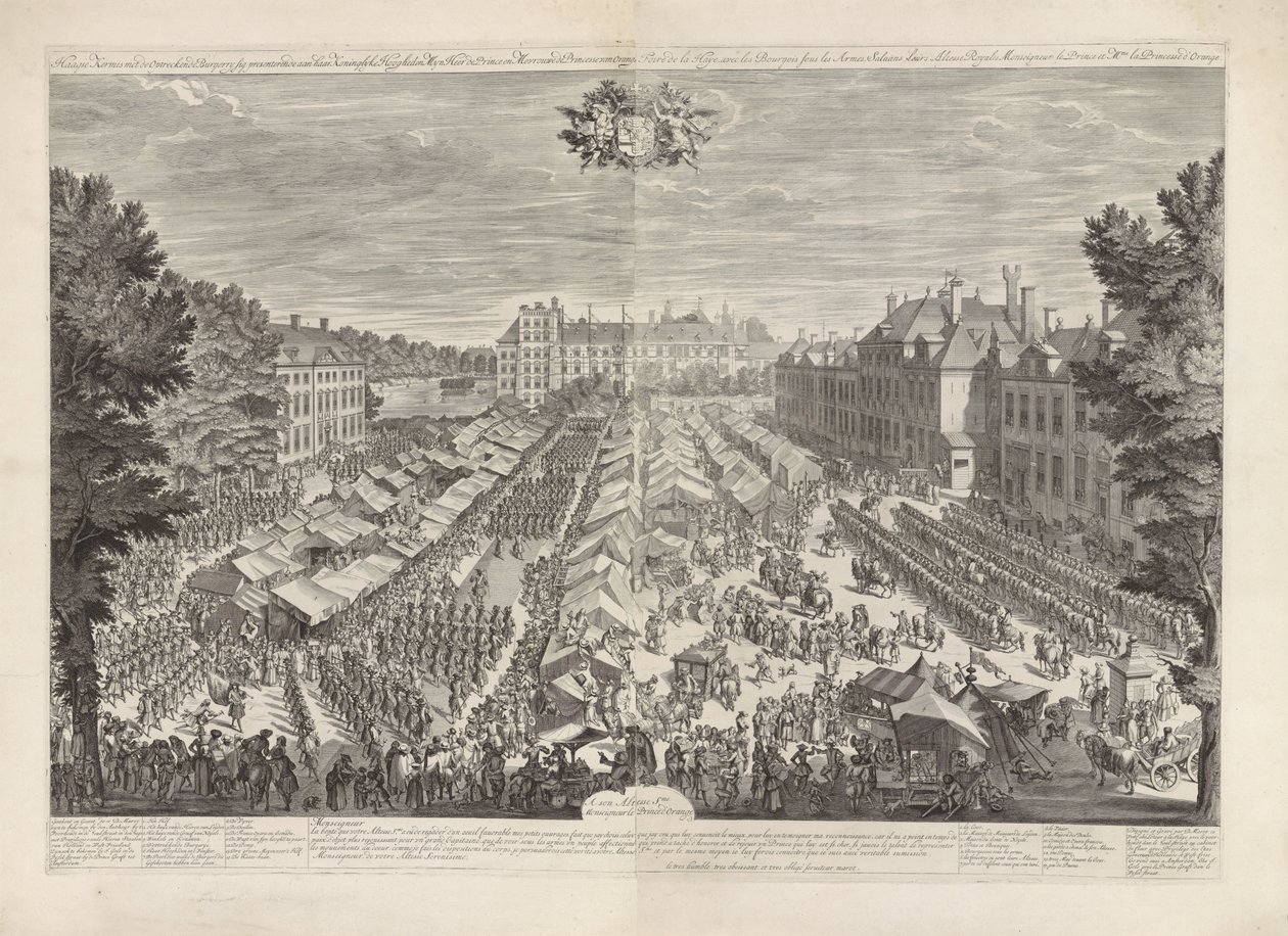 Haagmässan med prinsen och prinsessan av Orange, 1686 Haagmässan med det stigande hamburgersignet presenterar för hennes kungliga högheter min herre prinsen och fru prinsessan av Orange / Foire de la Haye, avec les bourgois sous les armes, sa av Daniël Marot (I)