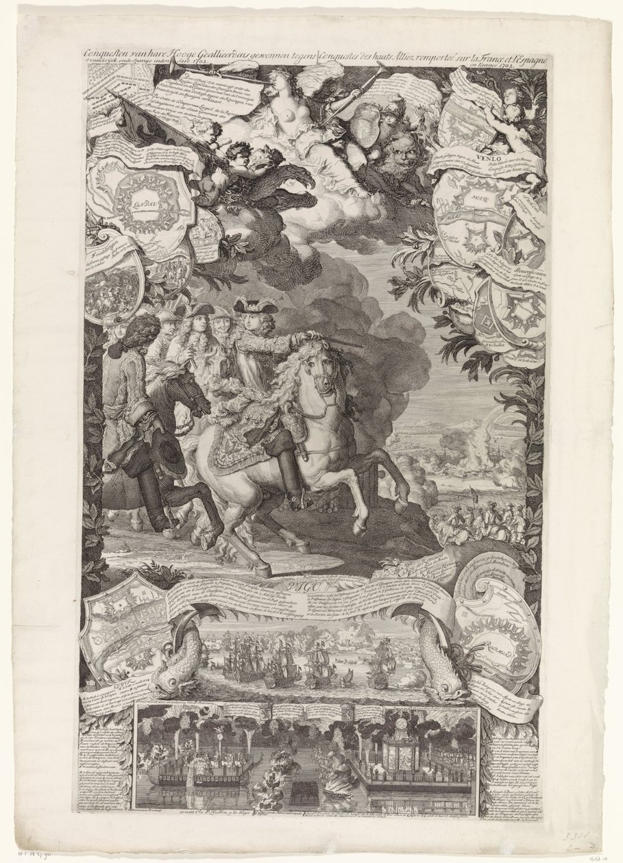 Allierad seger över fransmännen och spanjorerna, 1702 Erövringar av hennes höga allierade vann mot Vranckrijck och Spanien år 1702 / Conquestes des hauts Alliez remportée sur la France et L