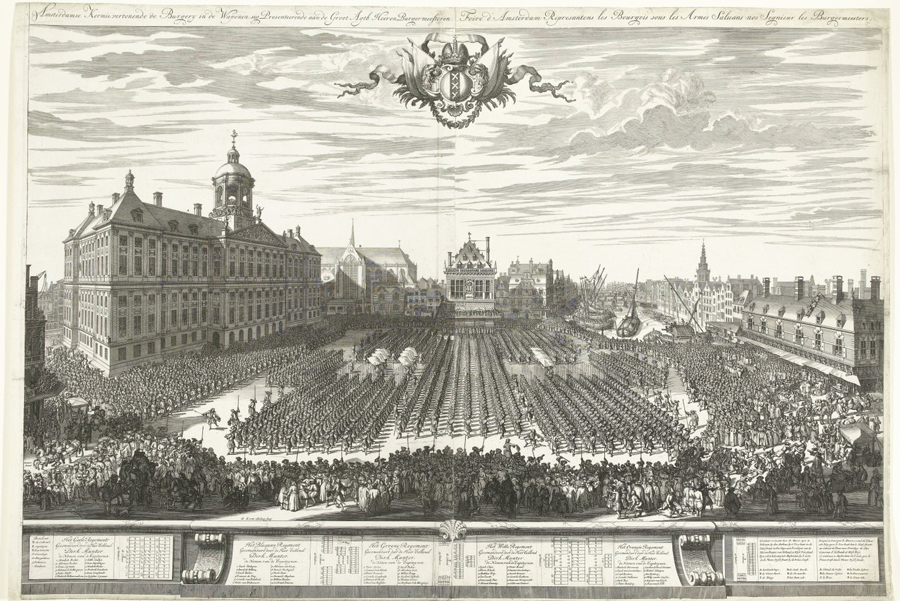Beväpnade män på Damtorget under Amsterdammässan 1686 Amsterdam-mässan som visar Burgery in the Weapons, sig Presenterar aaen de Groot Agtb: Heeren Burgermeesteren (titel på objekt) Foire d