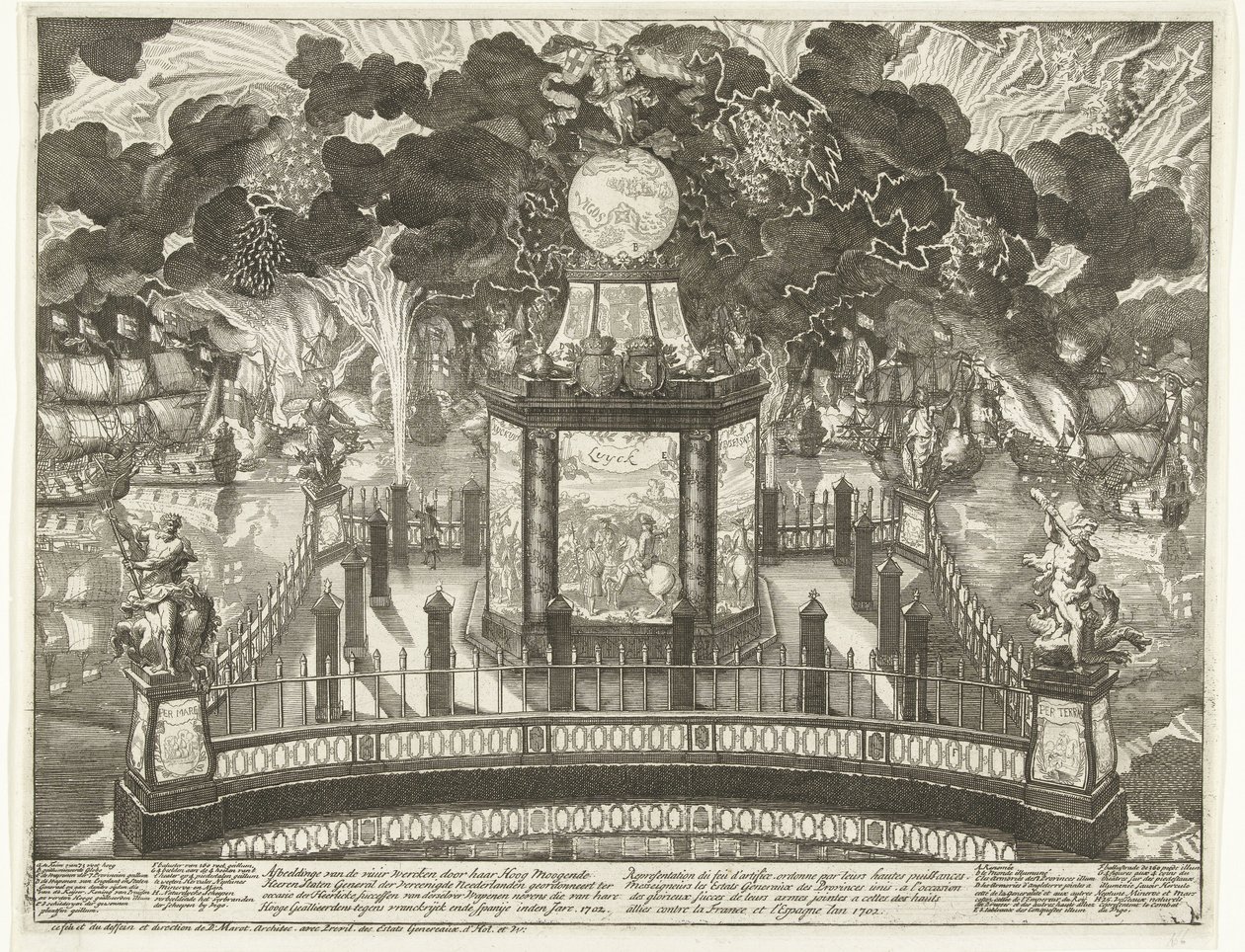 Fyrverkerier på Hofvijver för att fira segern i Vigo, 1702 Bilder av eldverken av Hennes Höga Majestäts Gentlemen States General der Vereenigde Nederlanden ordinerade med anledning av de herrliga framgångarna med derselver-vapen och följeslagare av Daniël Marot (I)