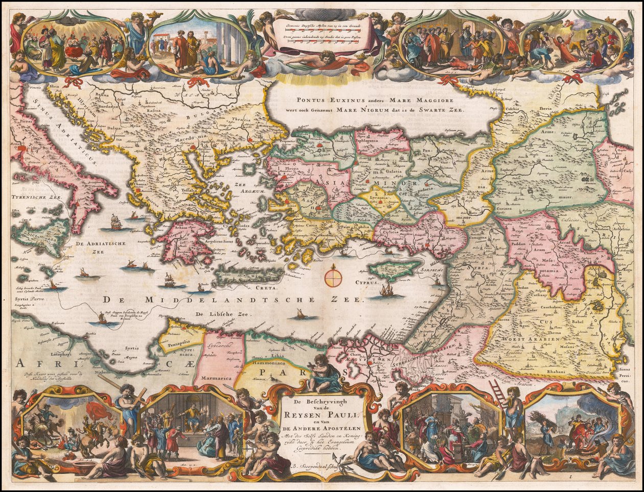 1695 års holländska karta över östra Medelhavet som visar Sankt Paulus resor av Daniël Stopendaal