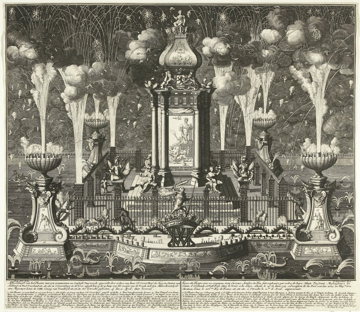 Fyrverkerier vid firandet av Utrechtfördraget, 1713 Bild av teatern med synade ornament och constigh fyrverkerier, uppförd av ordere van Haar Ed. Groot Mog: Heeren Staten van Holland och West Vriesland (...) i Haag, i vyver ( av Daniël Stopendaal