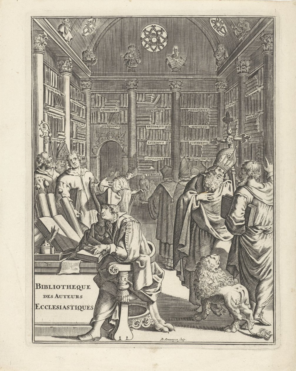 Biblioteksinteriör med prästerskap Titelsida för: Bibliotheque des Authors Ecclesiastiques, utan årtal av Daniël met de Penningen